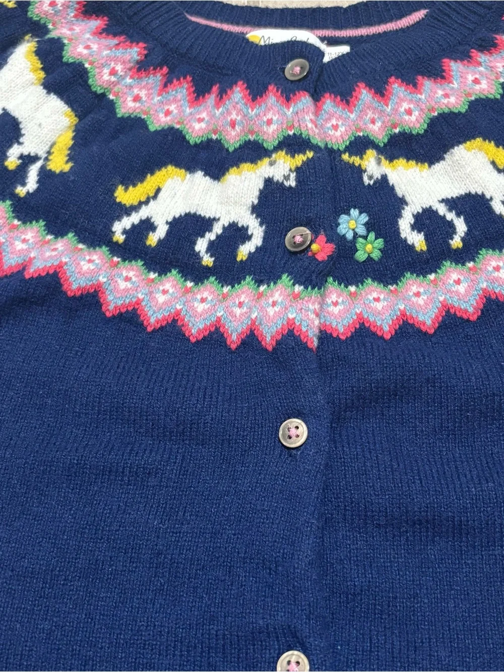 Mini Boden Navy Unicorn Yoke Cardigan with Pink & Light Blue Trim Size 11-12